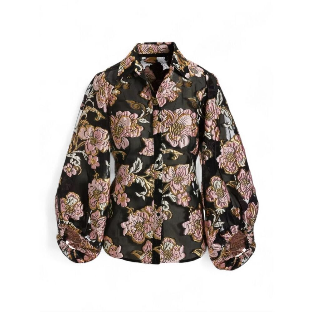 Boston Proper Foil Burnout Organza Balloon Sleeve Shirt Sheer Black Pink Gold